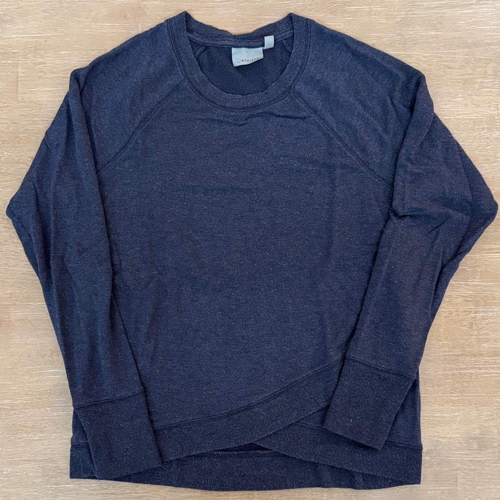 Athleta dark gray/navy lightweight sweatshirt with faux wrap front hem, GUC
